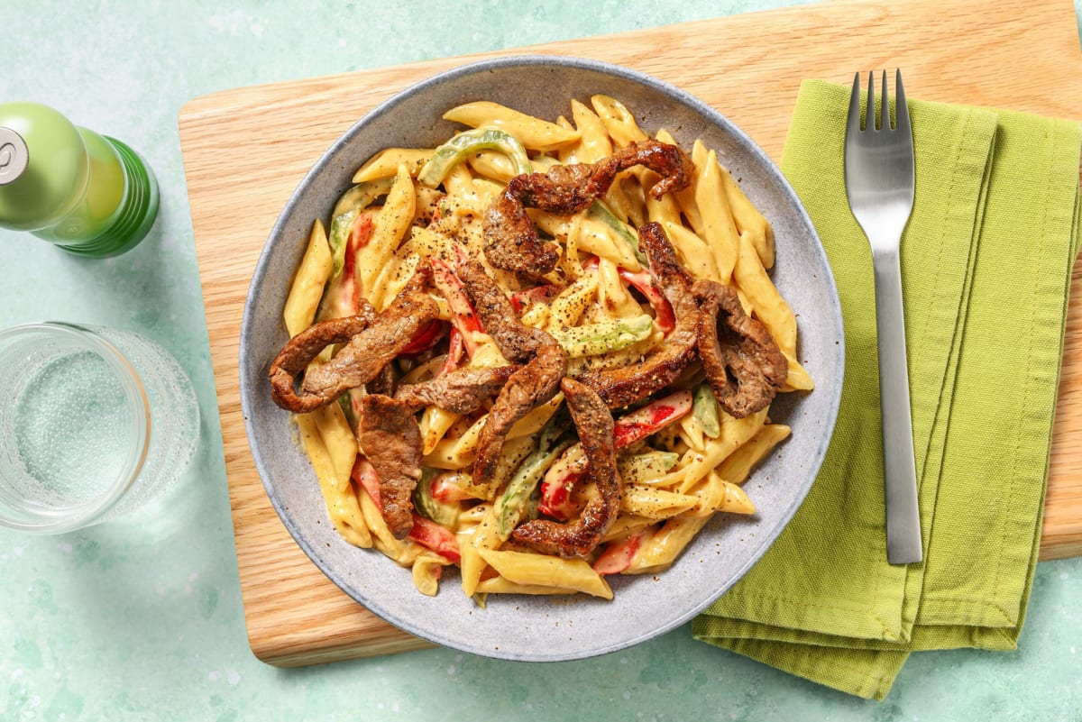 Philly cheesesteak pasta