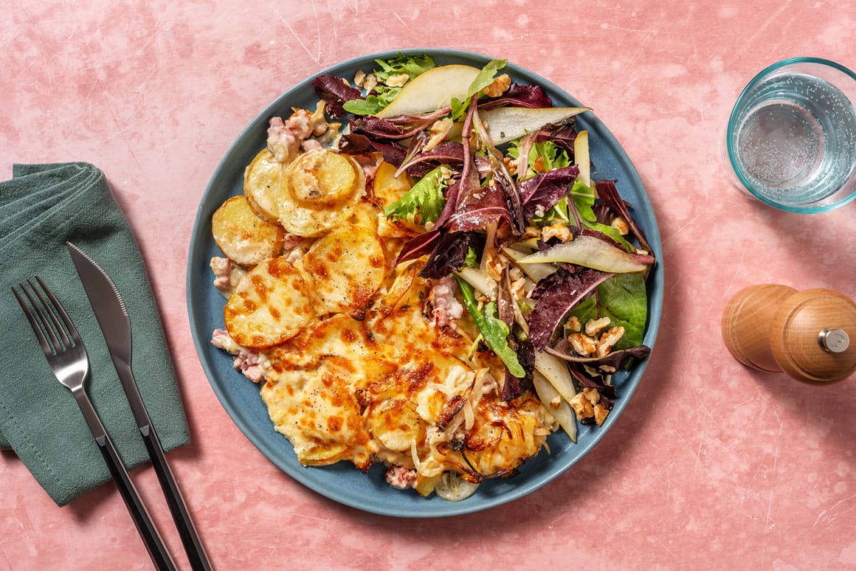 Gratineret bacon- og gruyere-'tartiflette'