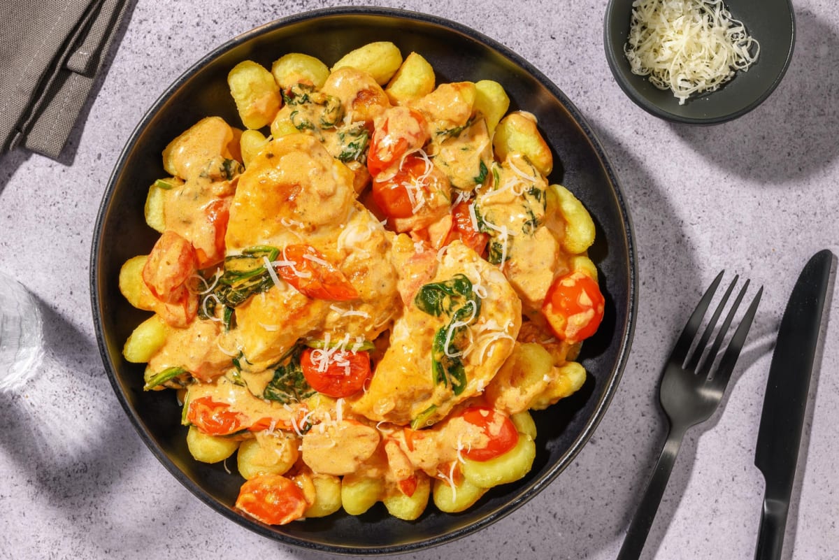 Cremet kylling på gyldenstegt gnocchi