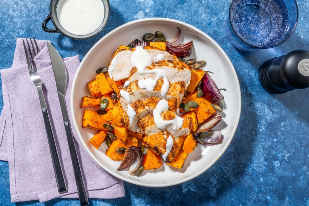 Petto di pollo alla paprika e zucca al forno