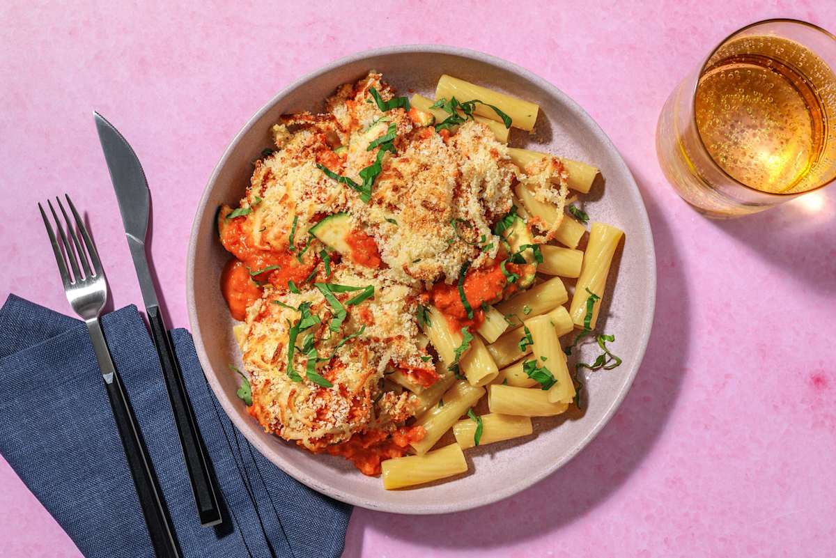 Gratineret tomat og zucchini