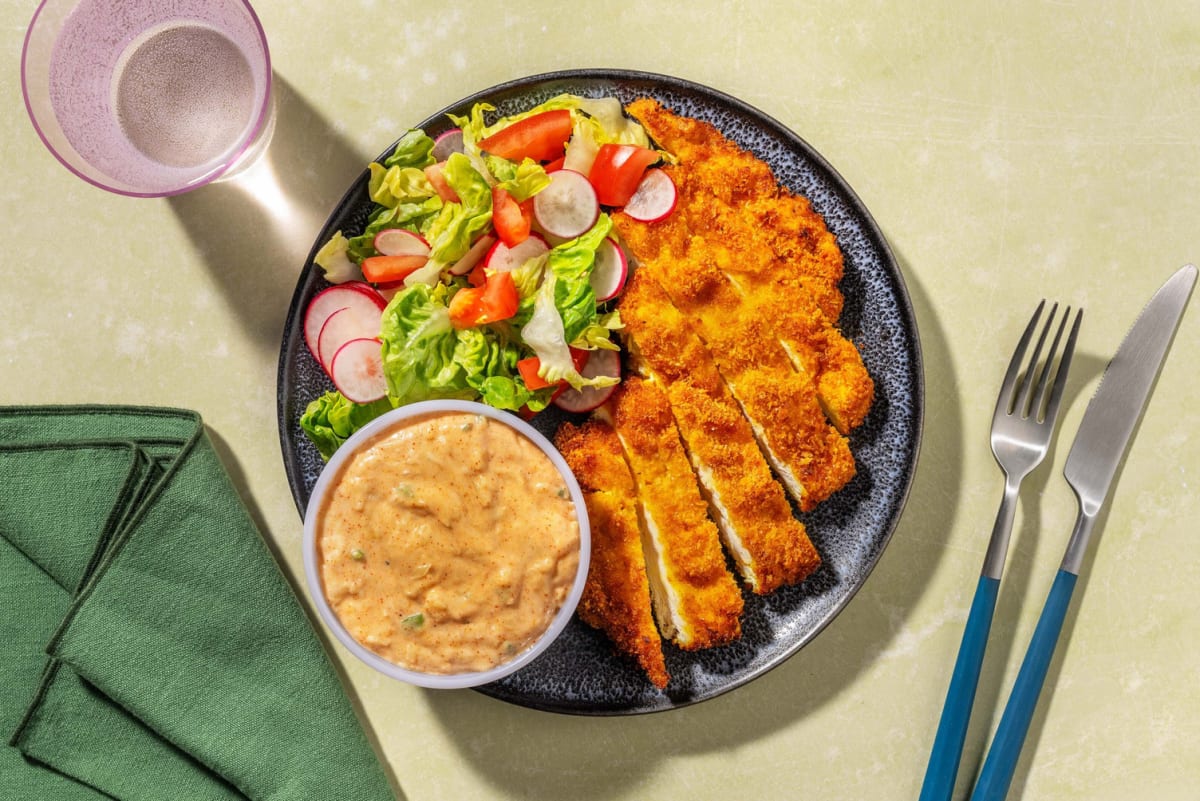 Breaded chicken and chili cheese sauce