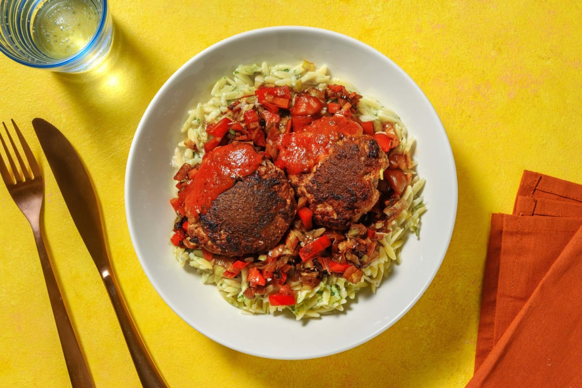 Orzo et petits burgers de bœuf et porc