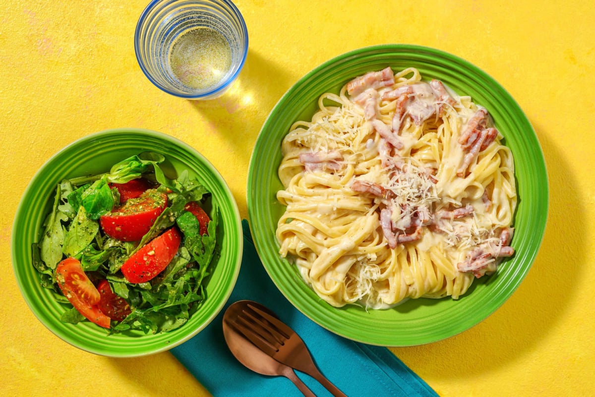 Linguine crémeuses aux lardons et Parmigiano Reggiano