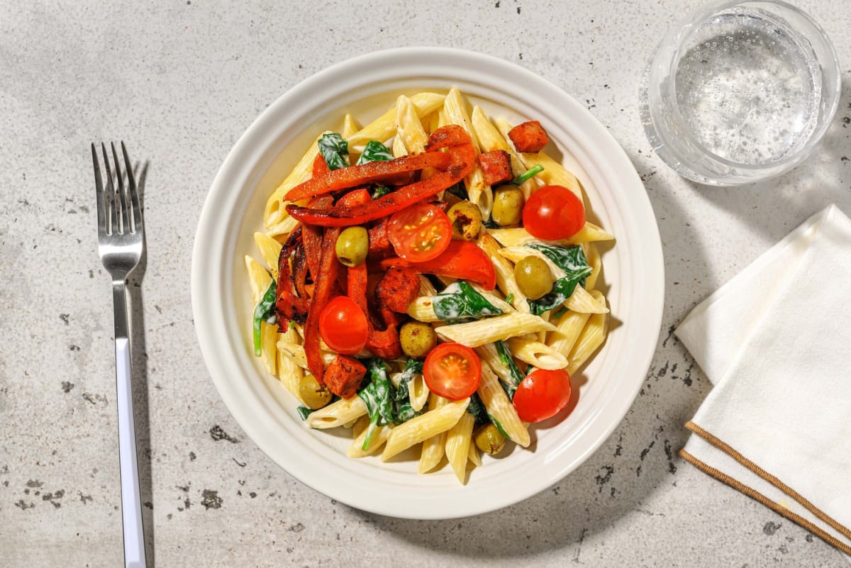 Romige pasta met chorizo en olijven
