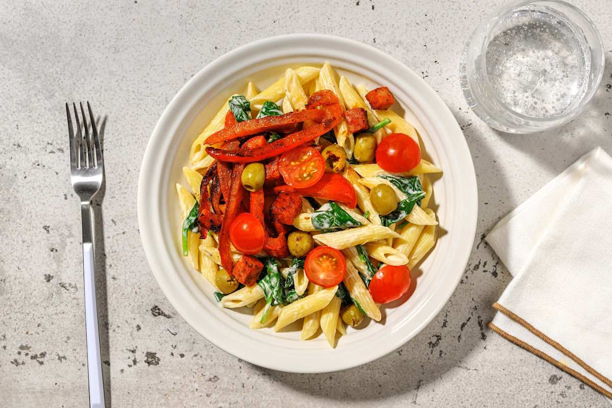 Romige pasta met chorizo en olijven