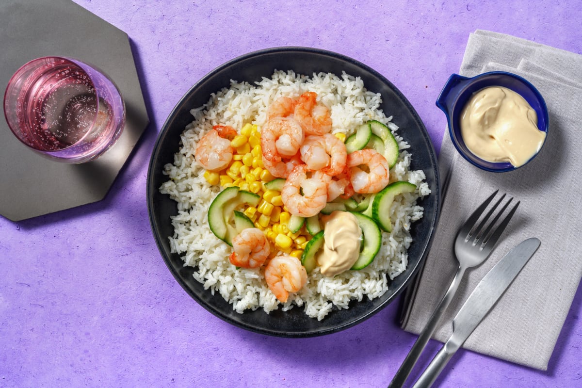 Poke de langostinos con mayonesa de soja