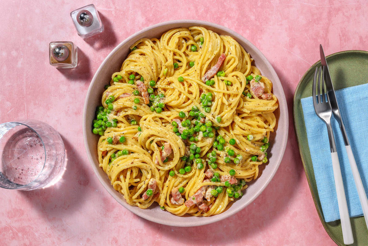 Creamy Truffled Bacon and Pea Spaghetti Recipe HelloFresh