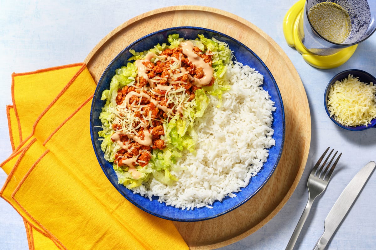 Pork Cheeseburger Inspired Rice Bowl