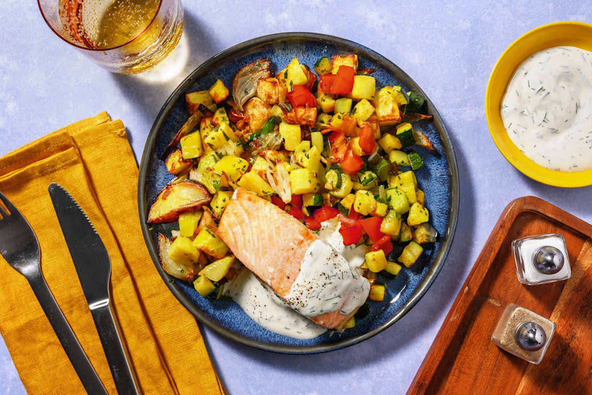 Salmón con pisto de verduras