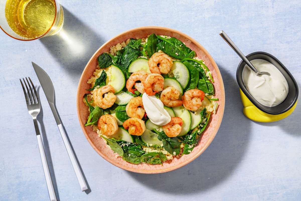 Bol rápido de langostinos a la miel con cuscús