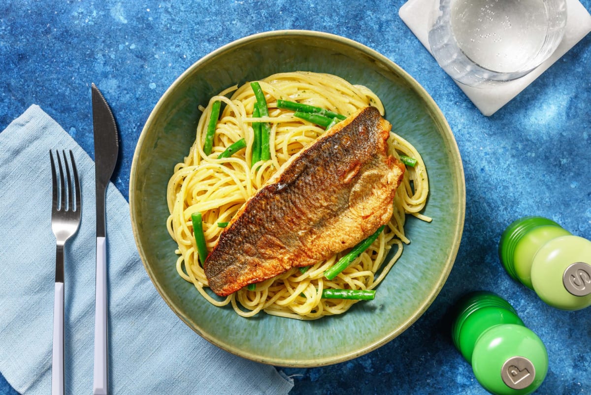 Pan-Fried Sea Bass on Creamy Pesto Pasta