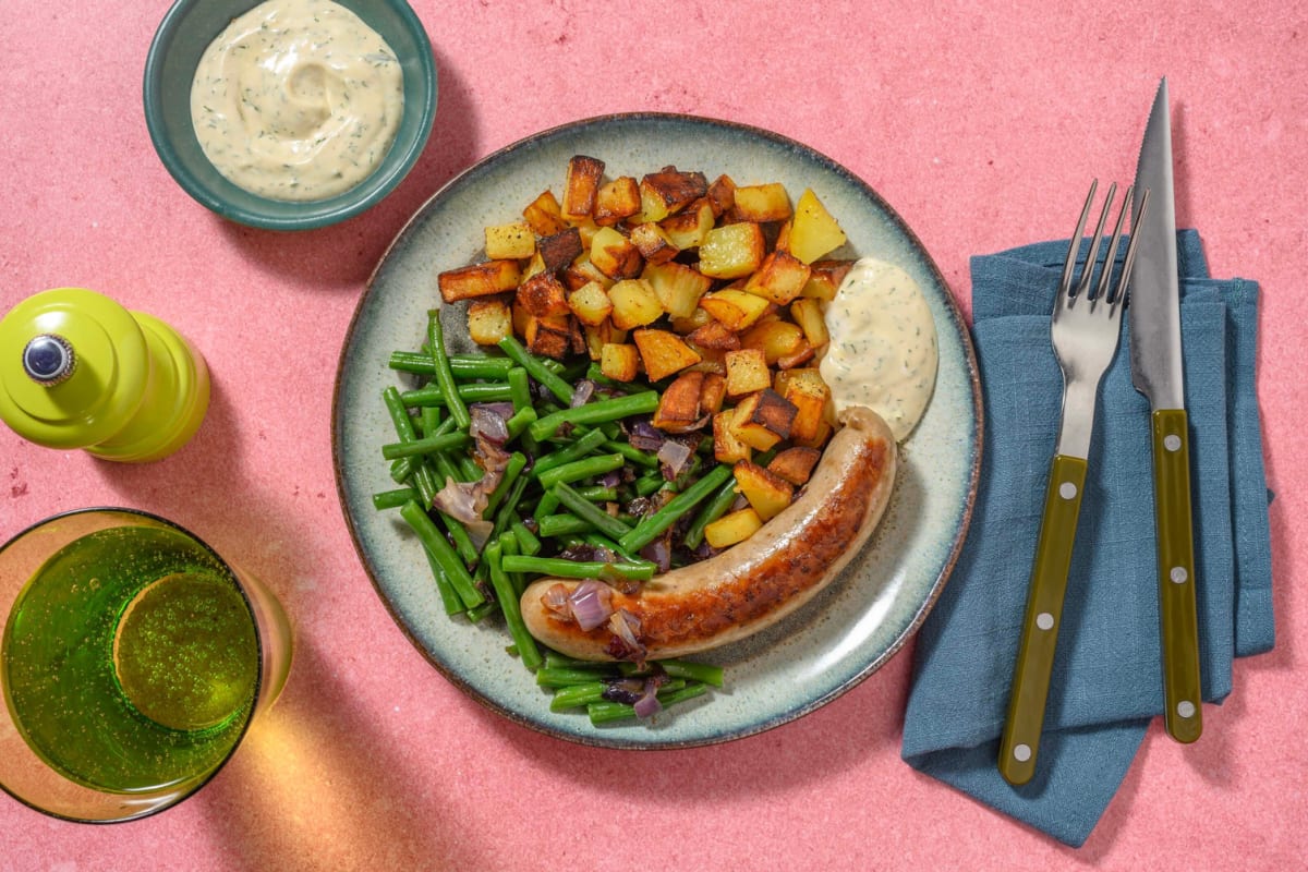 Saucisse fermière et pommes de terre rissolées