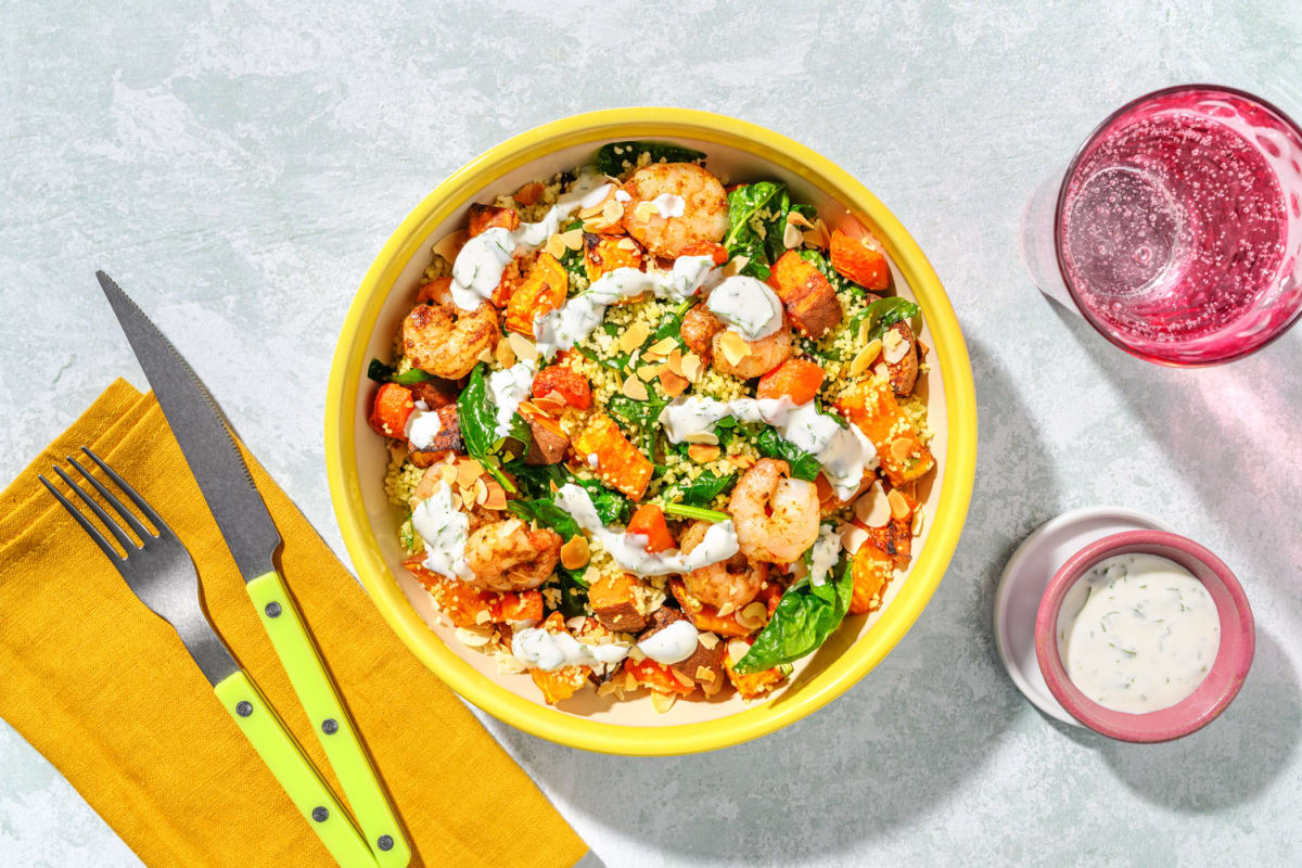 Moroccan Double Prawns and Roast Veg Bulgur