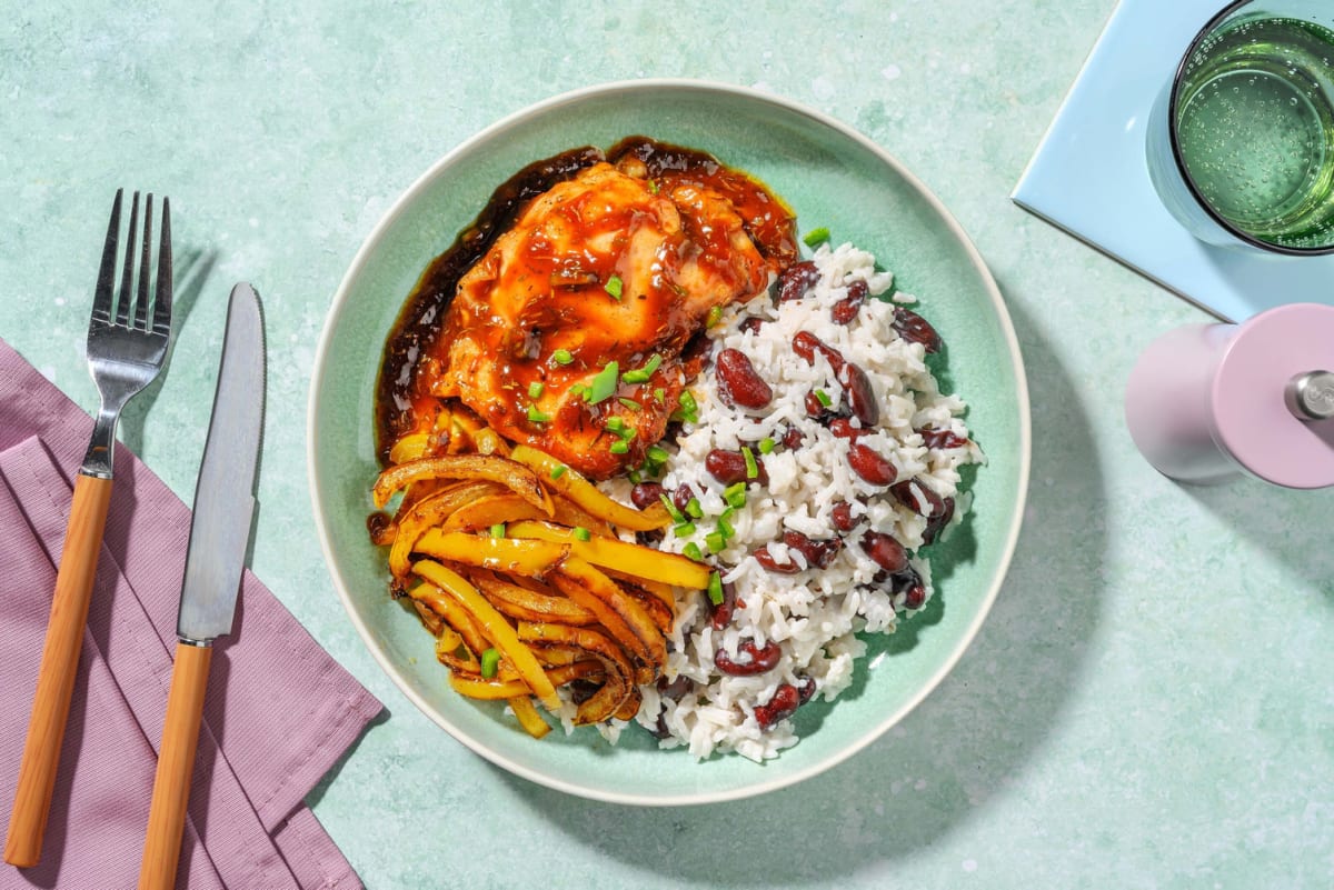 Pollo alla giamaicana e riso dolce ai fagioli