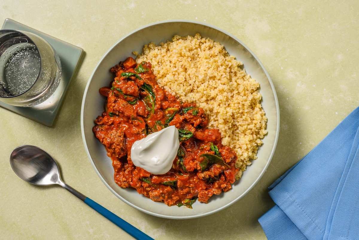 Speedy Chermoula Beef and Pepper Bulgur Bowl