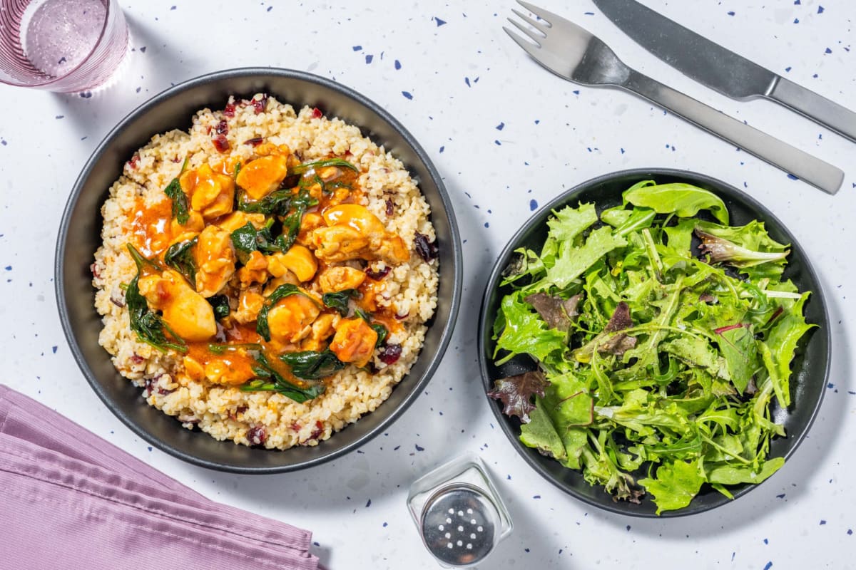 Harissa Chicken on Cranberry Bulgur