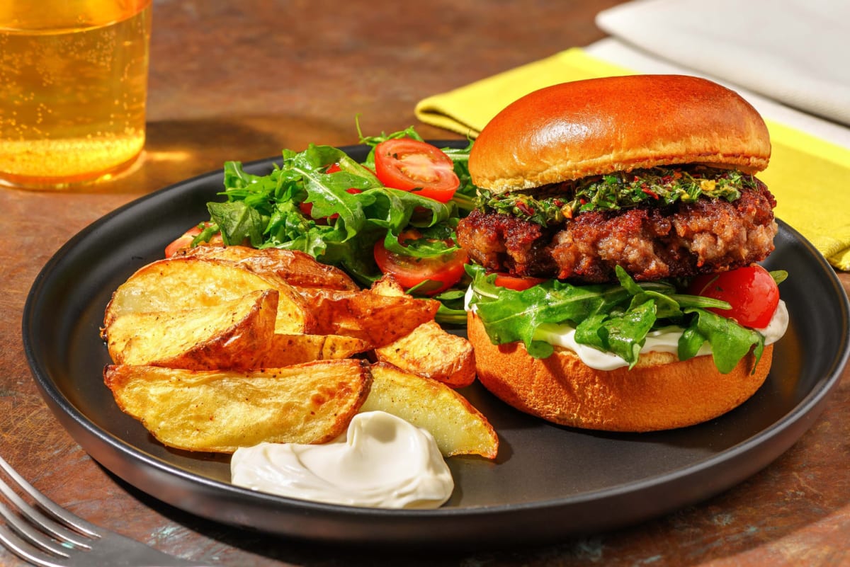 Chimichurri Burger mit käsigem Rindshack