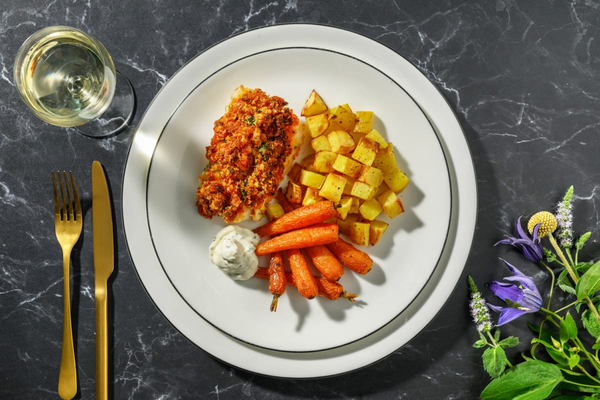 Bacalao con costra crujiente de panko y chorizo