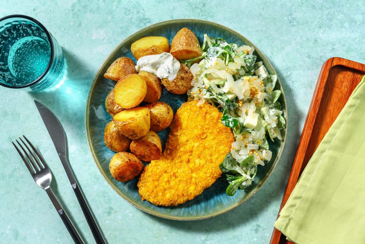 Kaasschnitzel met gebakken krieltjes