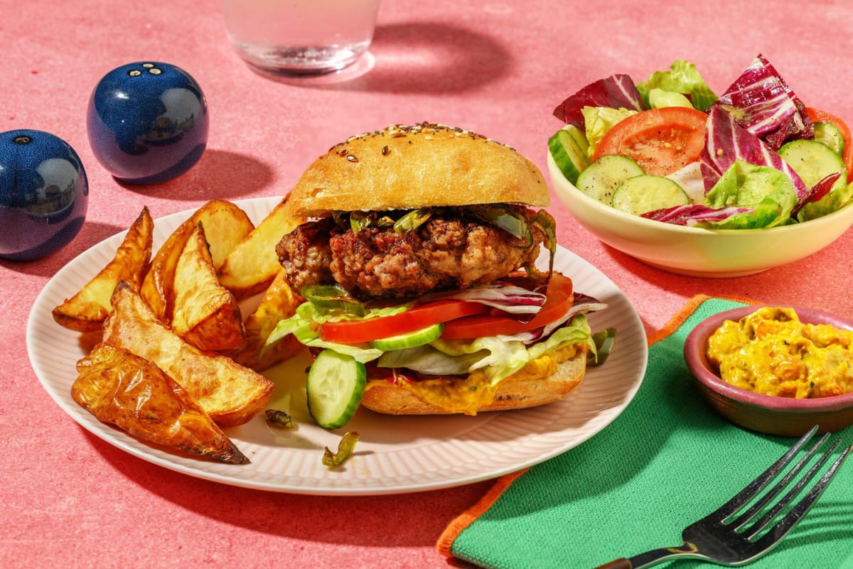 Burger met pittige groene peper en piccalilly