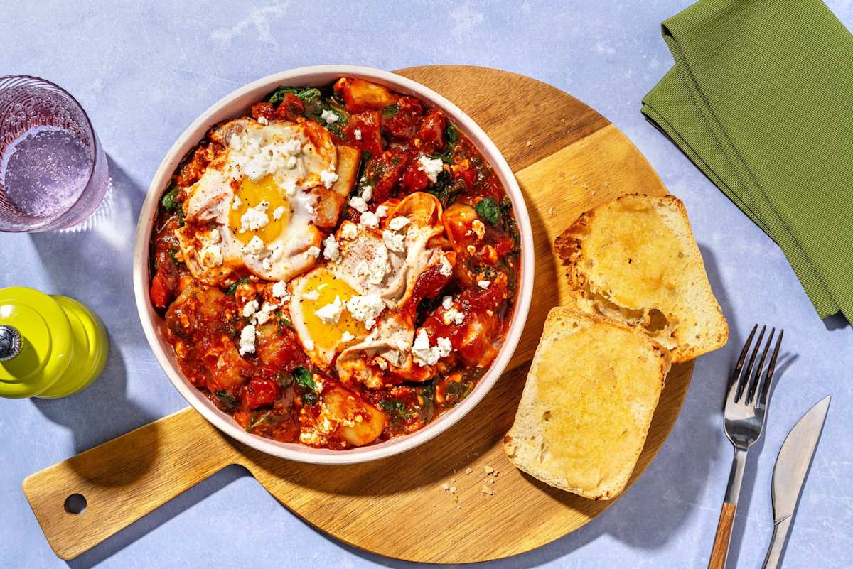 Shakshuka-aardappelen met knoflookbrood