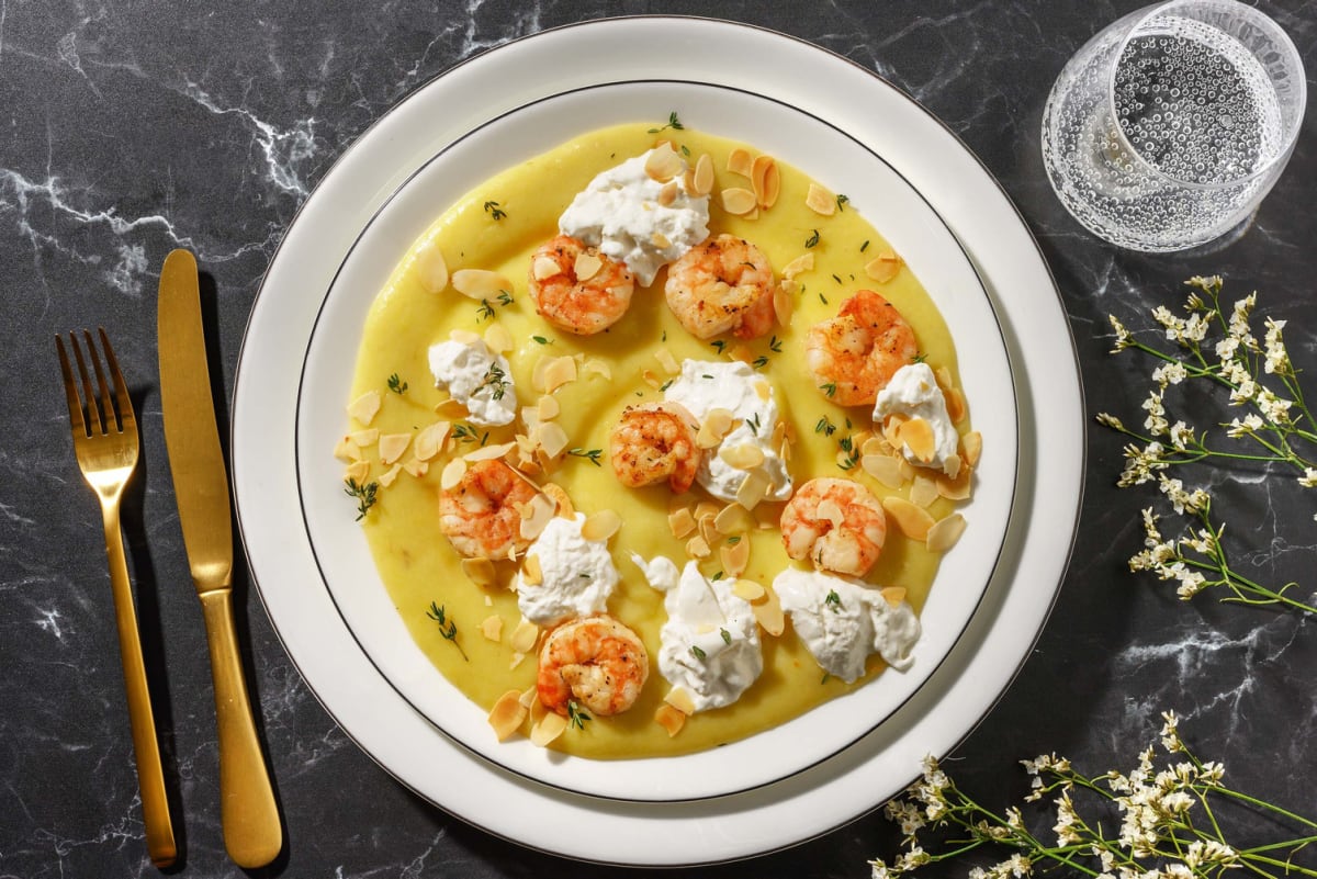 Mazzancolle e burrata su crema di patate