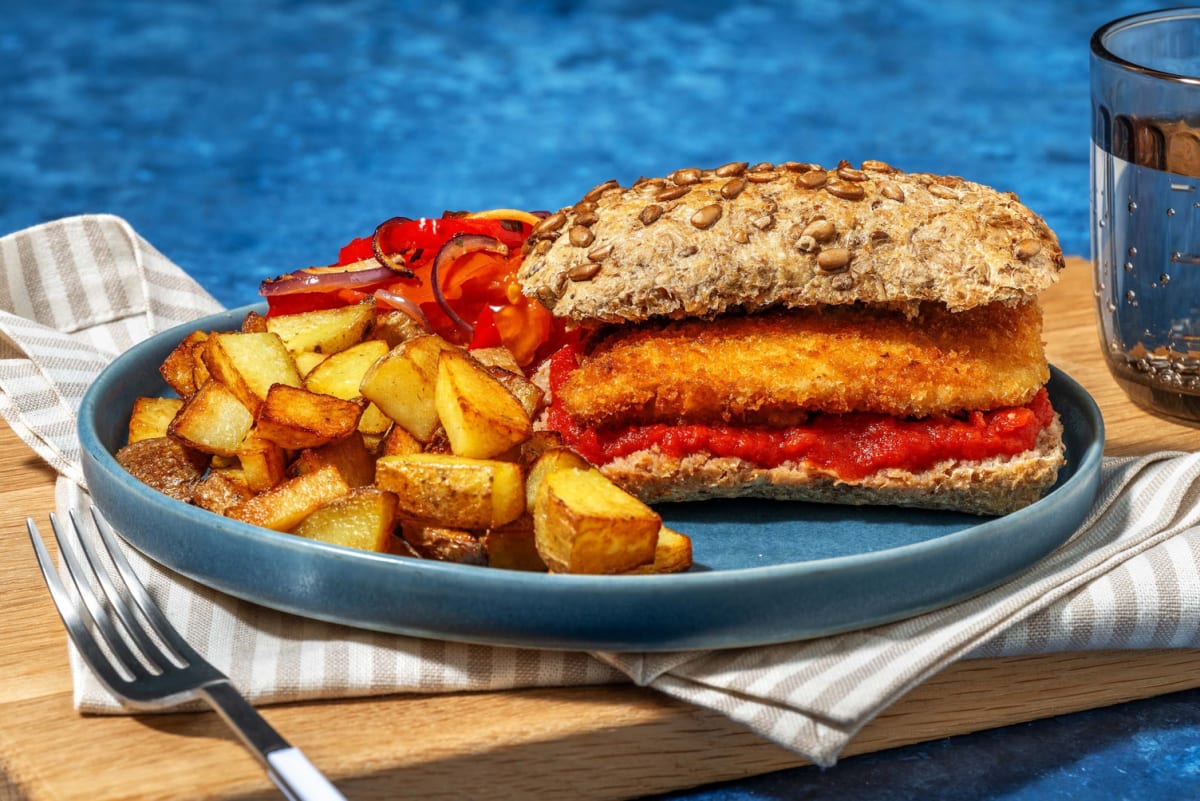 Burger croustillant d'escalope de poulet panée et dip de bruschetta