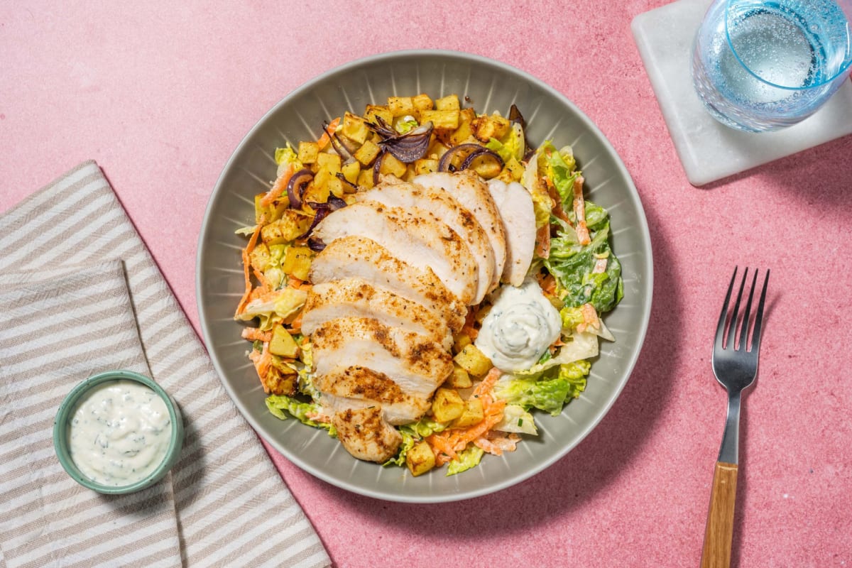 Souflaki-Hähnchen-Salat mit Kartoffelwürfeln