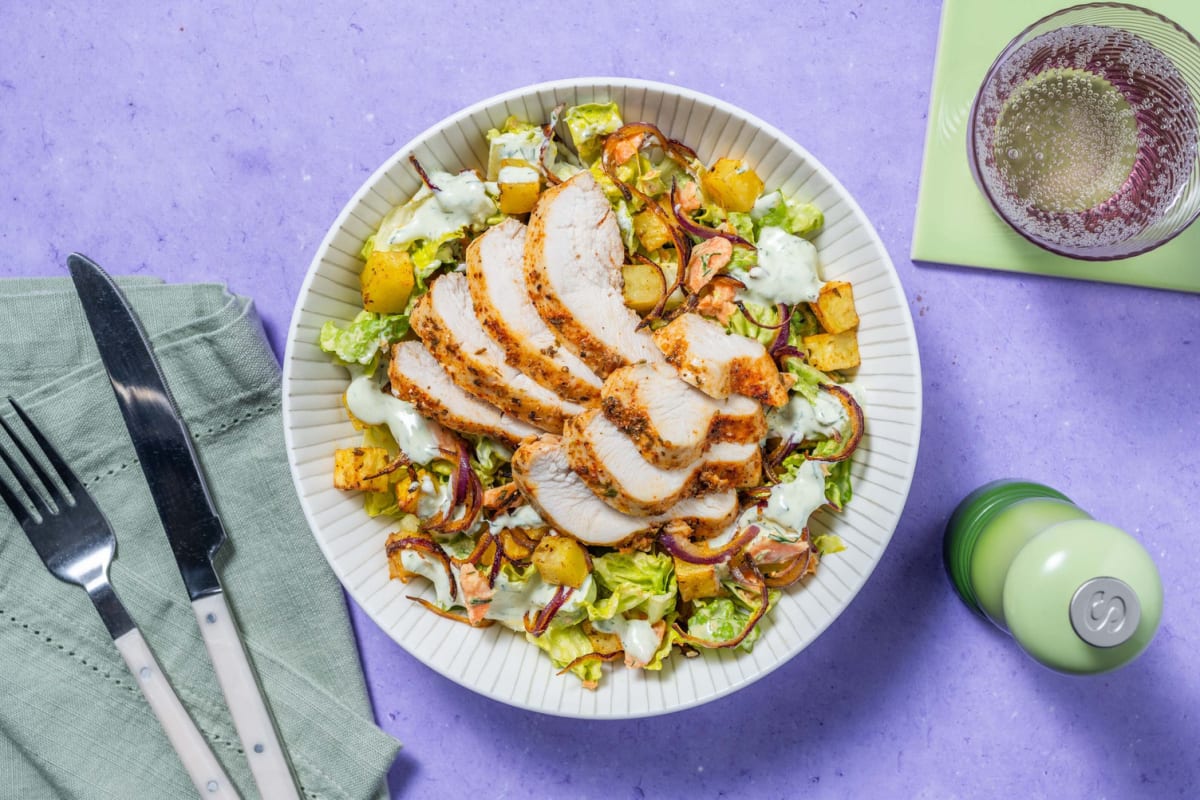 Souflaki-Poulet-Salat mit Kartoffelwürfeln