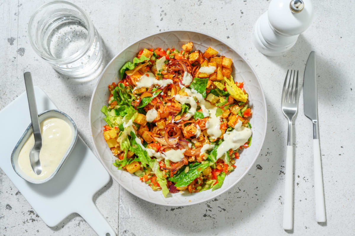 Würfelsalat mit Harissa-Grillkäse 