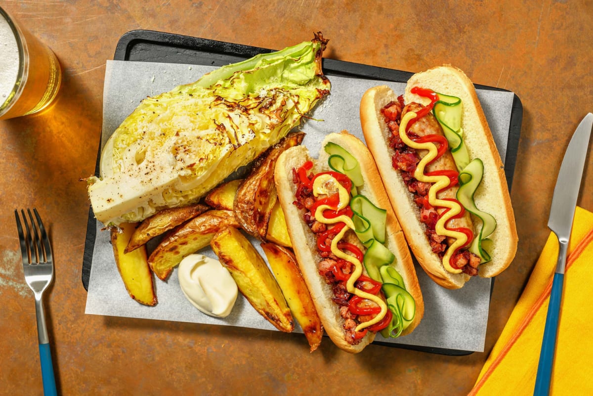 Bacon-onion chutney topped hotdogs 
