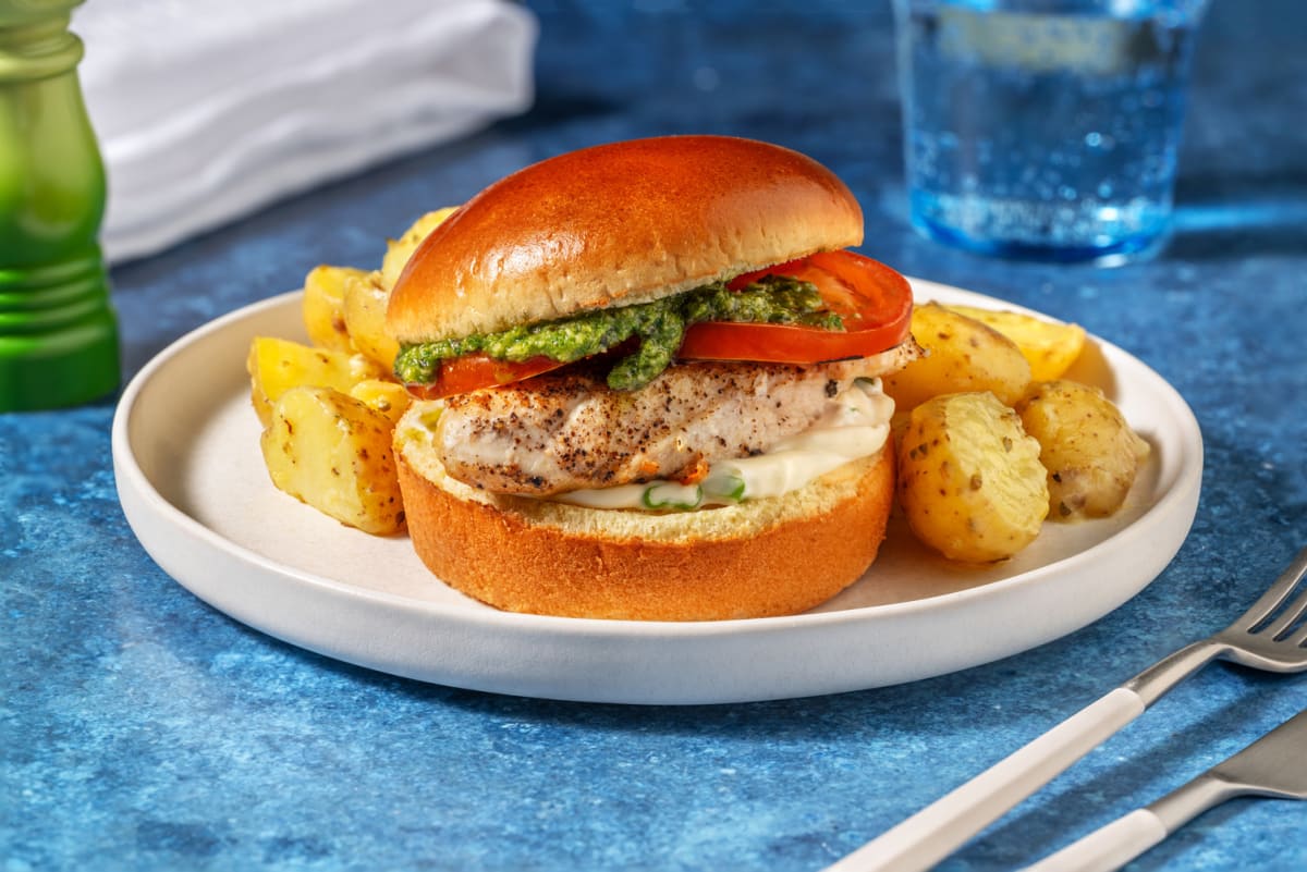 Pesto Chicken Burger and Herby Potatoes