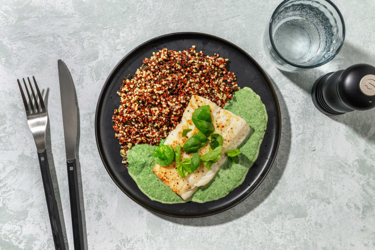 Merluza con salsa de espinacas y menta