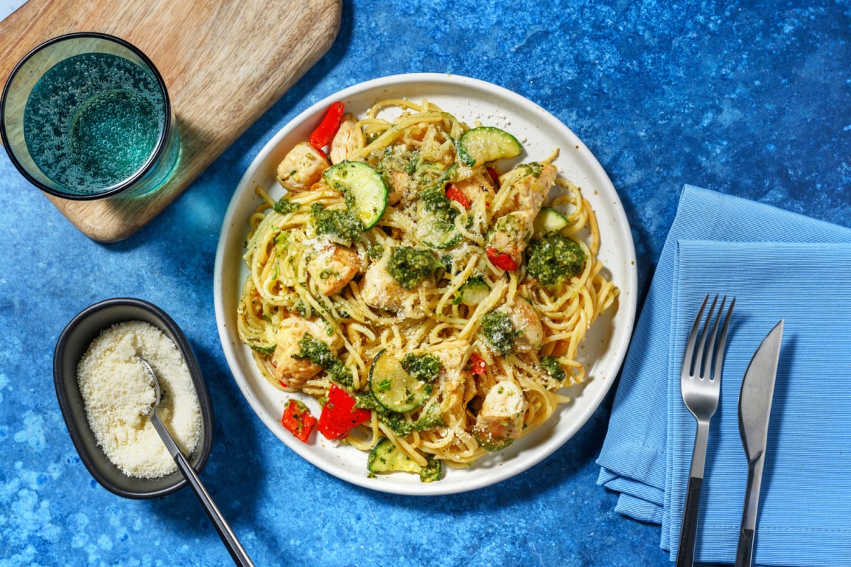 Spaghetti au poulet poêlé & légumes du soleil