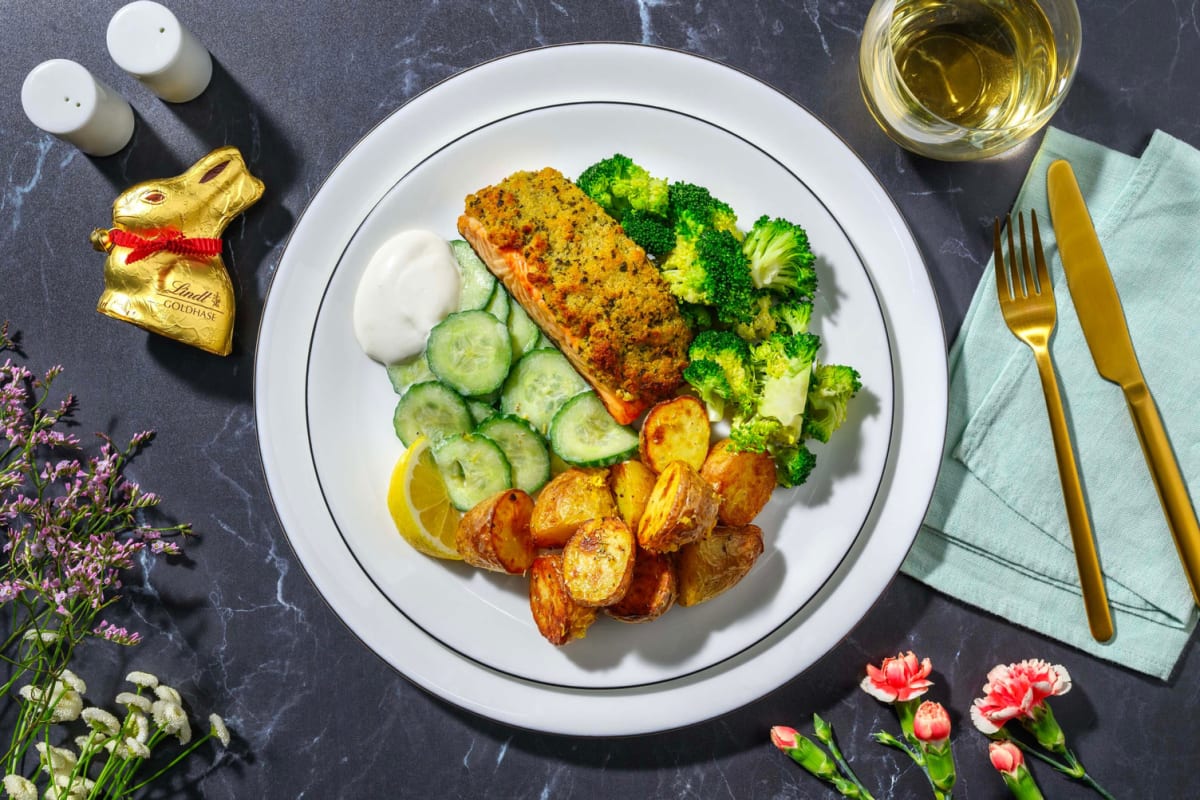 Oster-Lachs im Kräutermantel mit Brokkoli