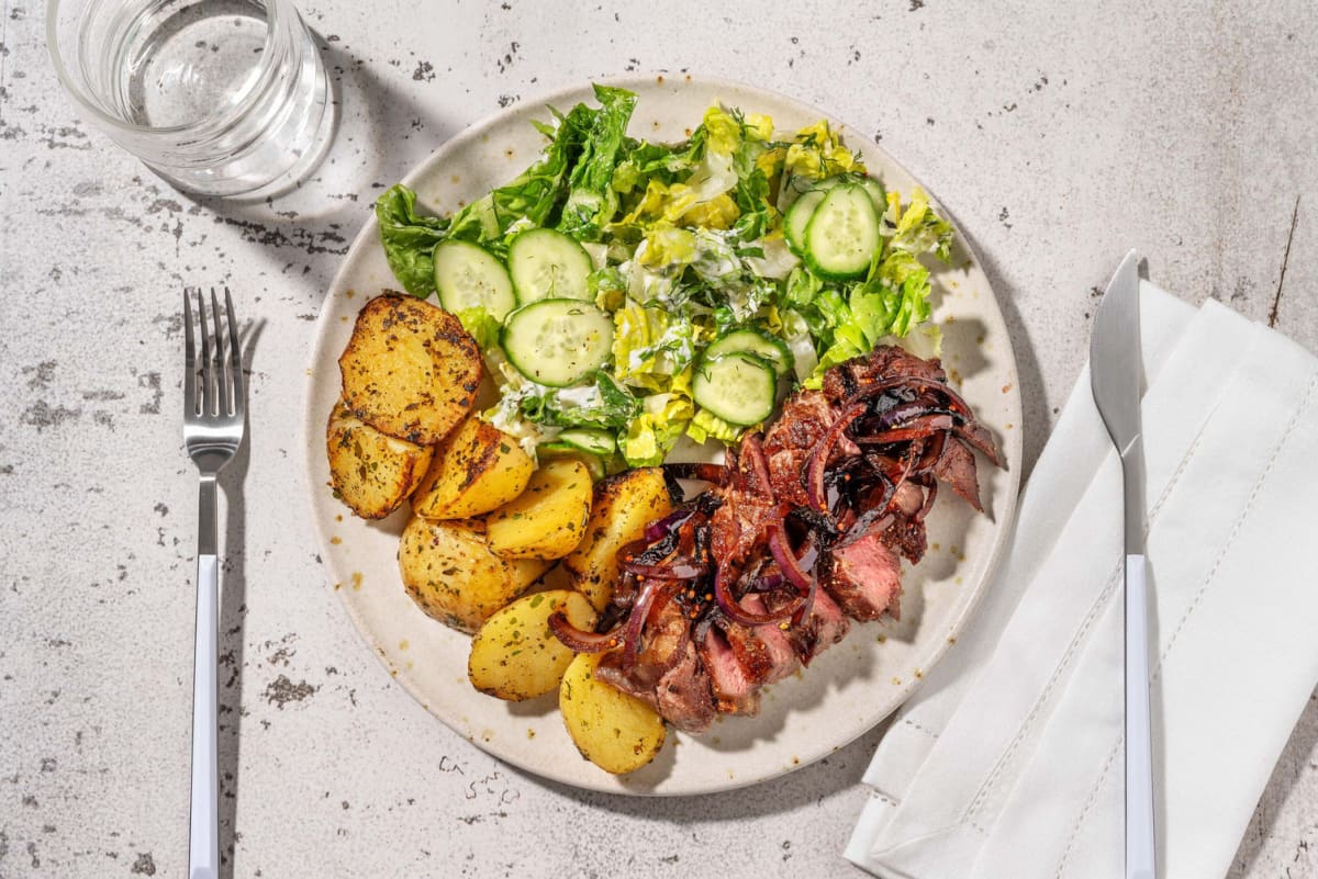 Gemarineerde steak met uienjus