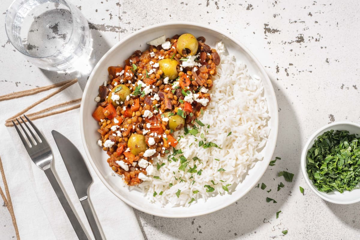 Veggie picadillo met linzen en witte kaas