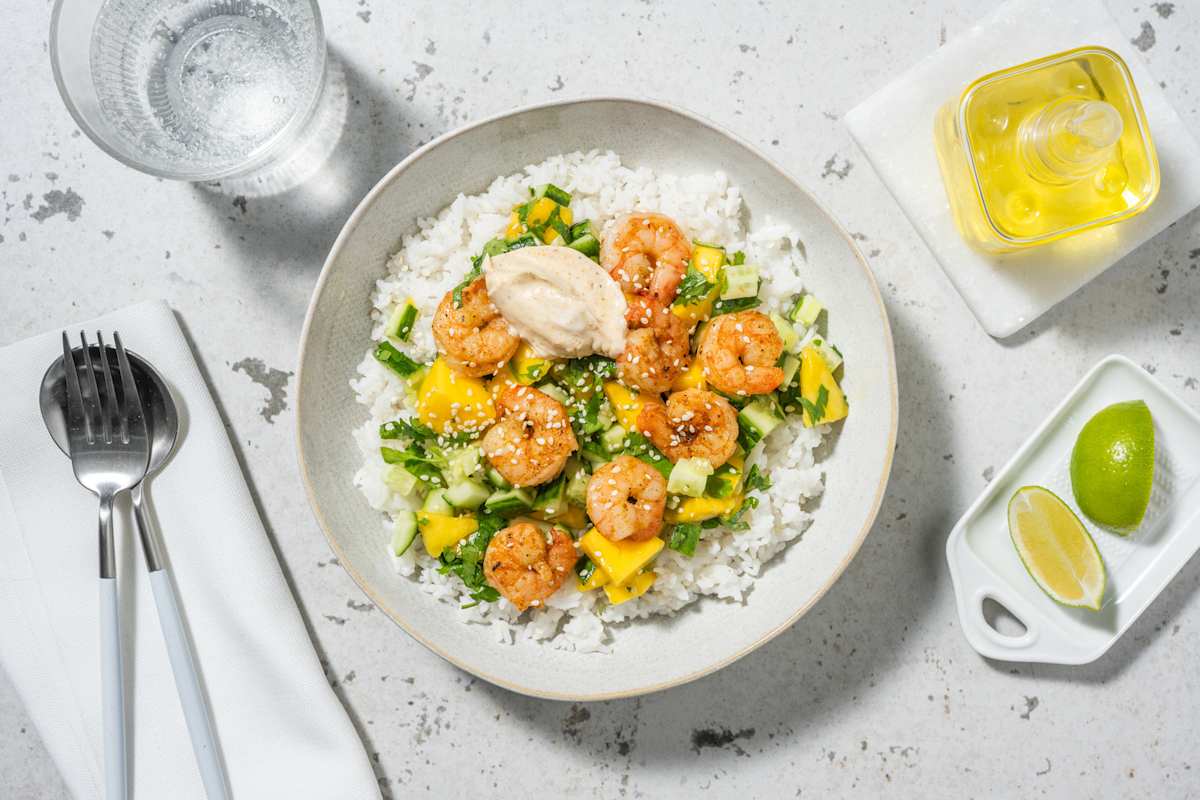 Spicy bowl de crevettes dorées & mangue