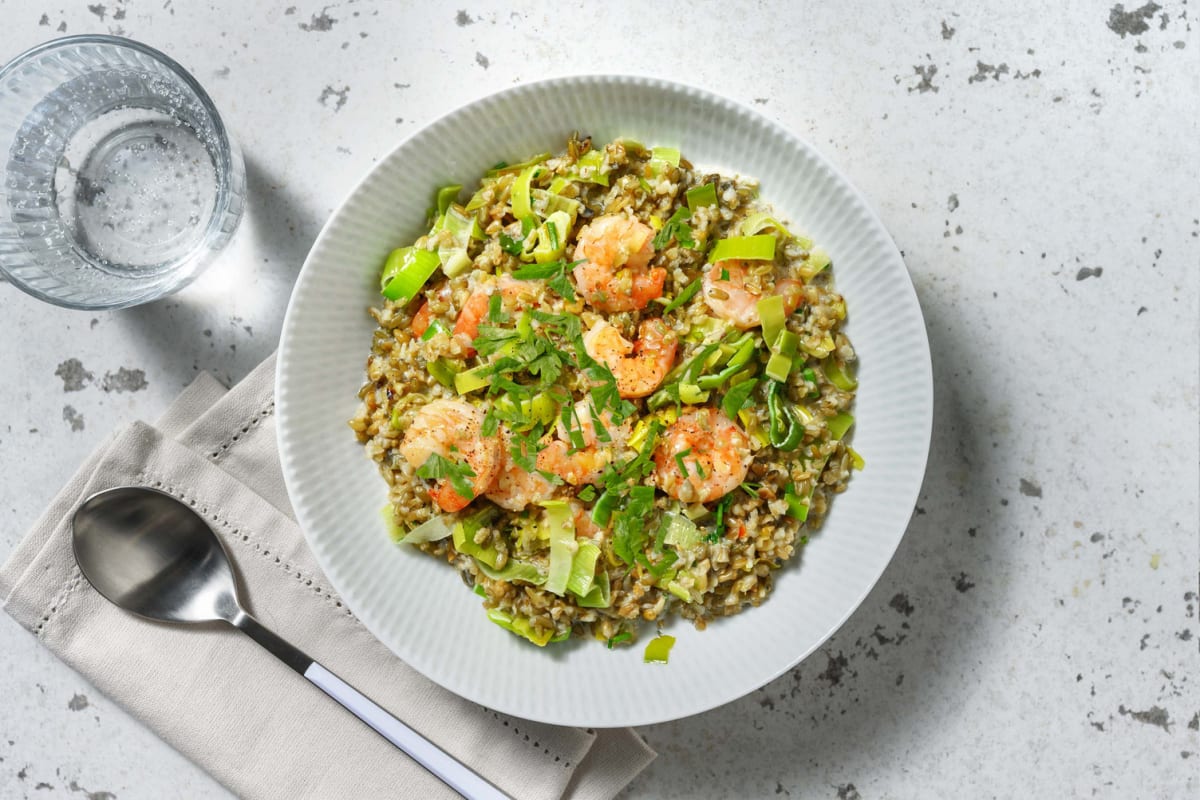 Freekeh crémeux & crevettes citronnées