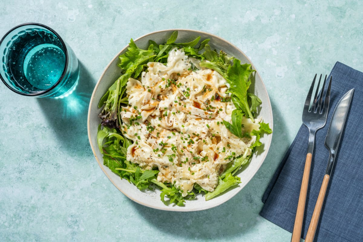 Farfalle, poulet tranché & huile saveur truffe