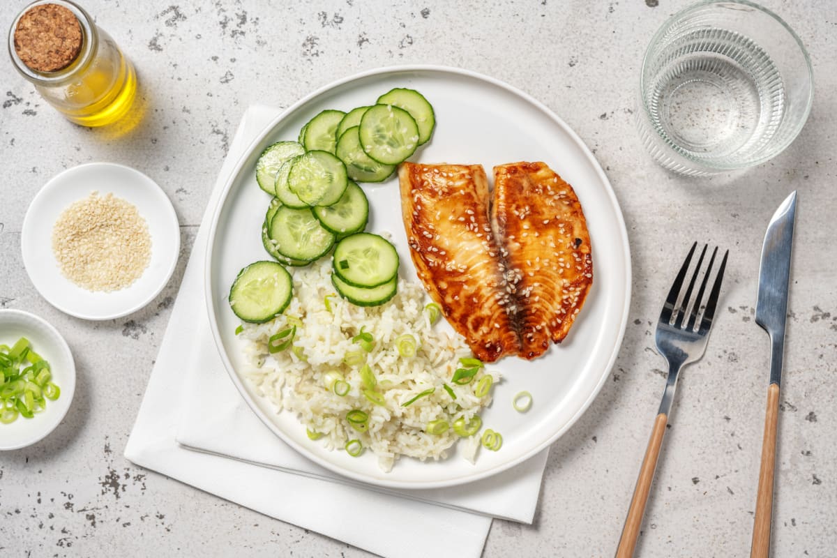 Lieu laqué au miso & riz à la cébette