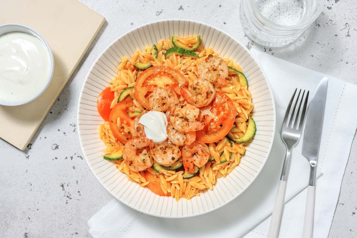 Bio-Schweinefilet in mediterraner Marinade auf Orzo