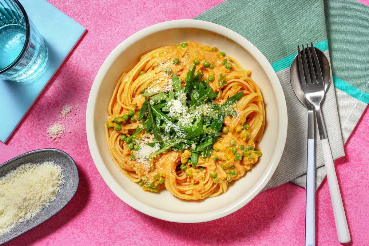 Spring Lemon Chicken, Leek and Pea Linguine