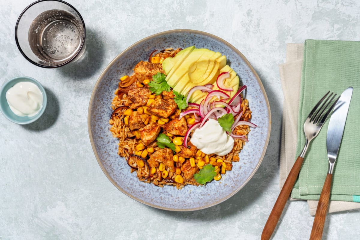 Burrito bowl tex-mex épicé au poulet