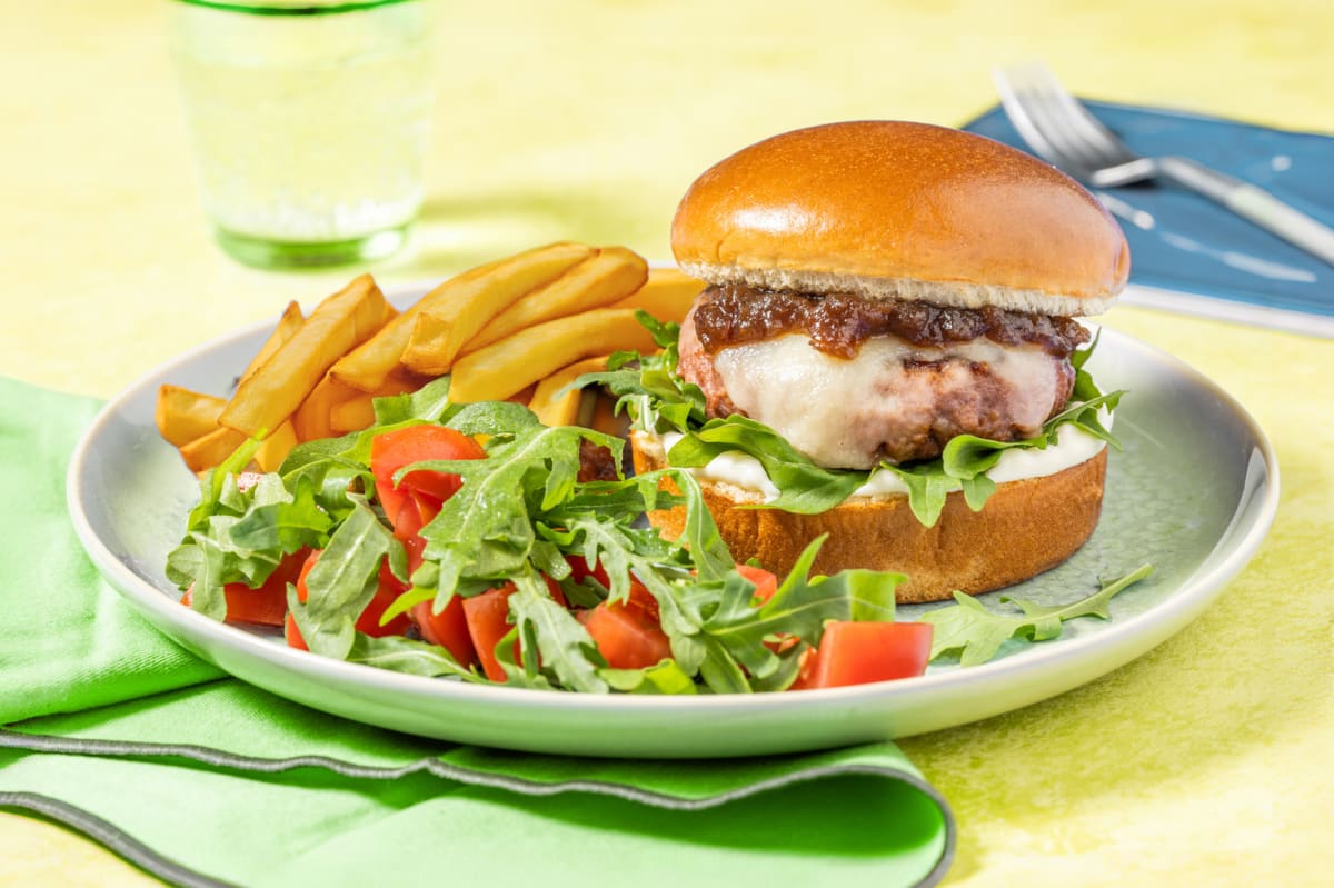 Cheese & Caramelised Onion Veggie Burger and Oven-Ready Chips