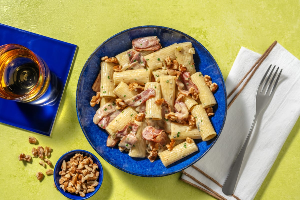 Rigatoni au lard fumé & crème de bleu