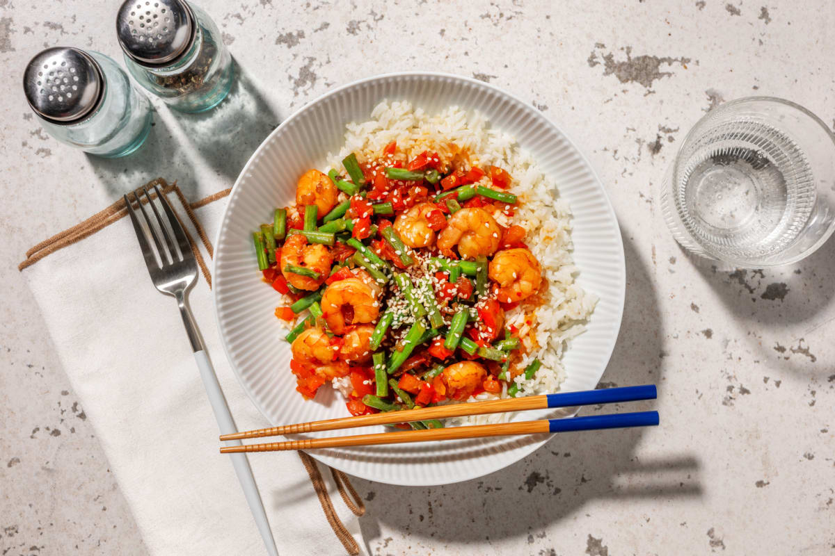 Wok de crevettes pimentées & haricots verts