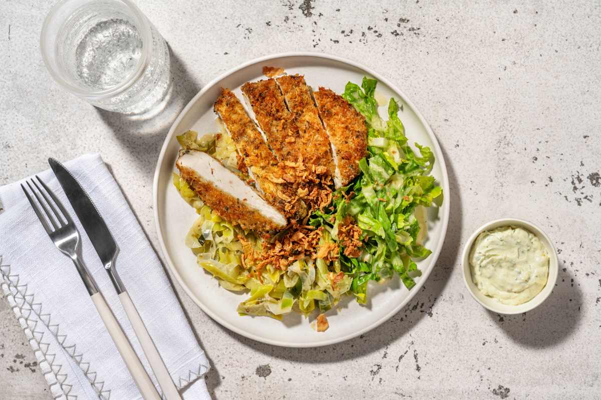 Poulet pané à la provençale & poireau