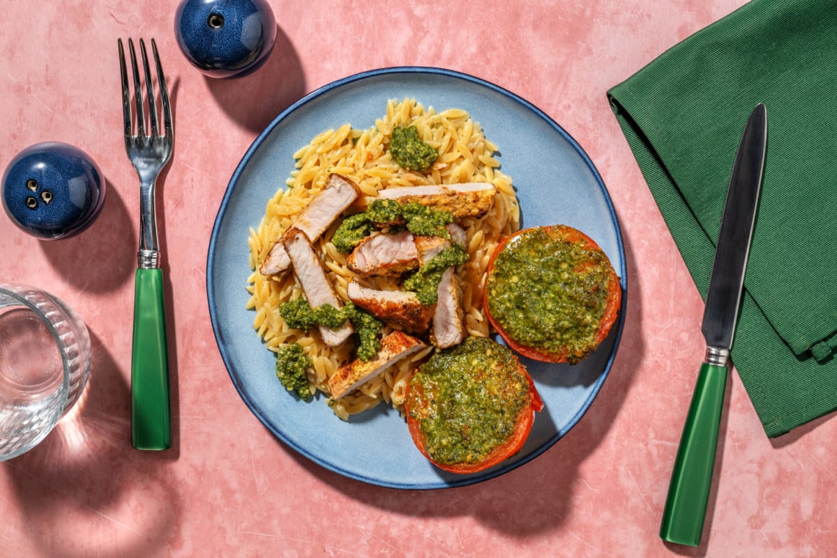 Carré de porc & tomates rôties au pesto 